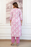 Pink Floral Print Cotton Kurta Set with Trousers and Dupatta