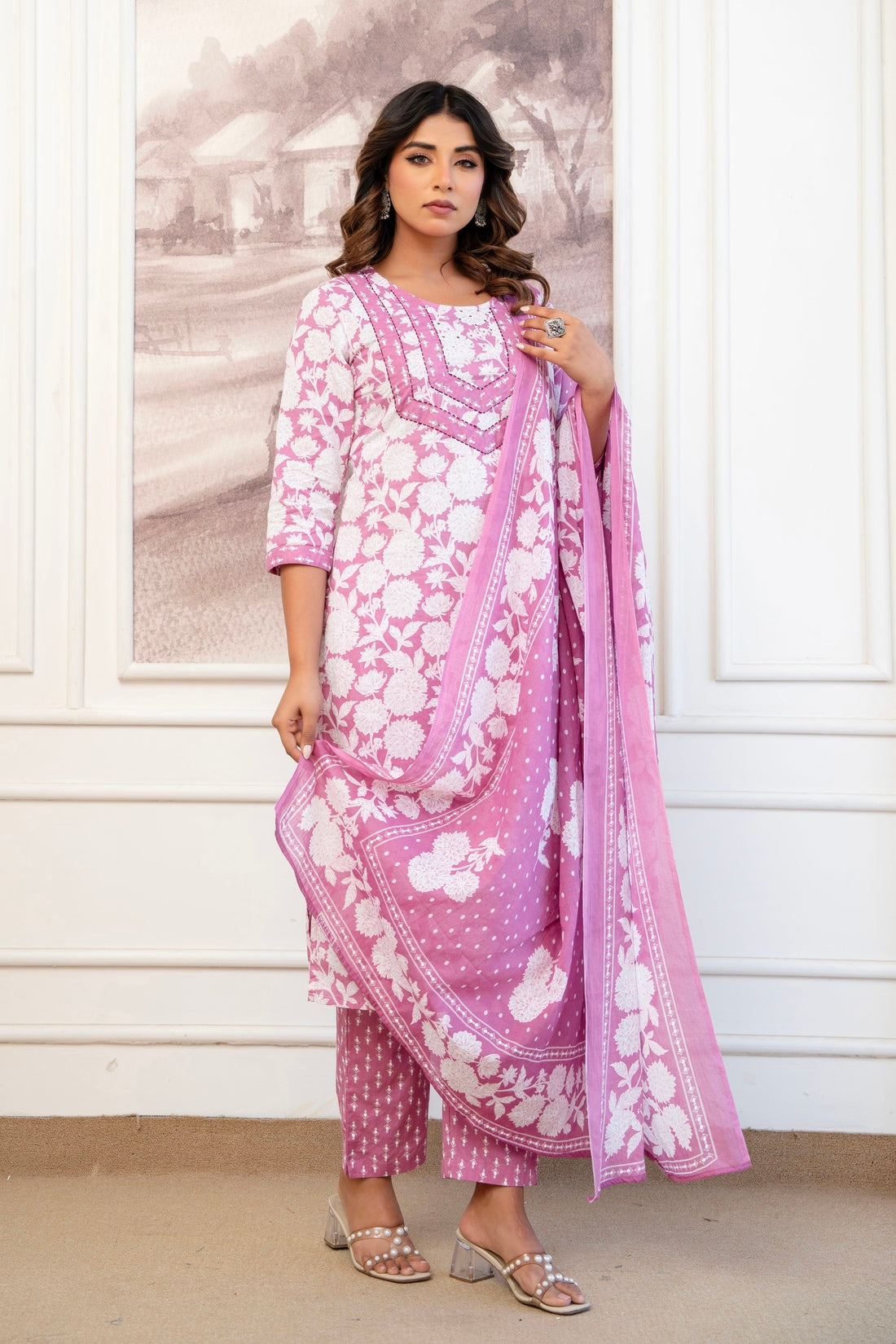 Pink Floral Print Cotton Kurta Set with Trousers and Dupatta