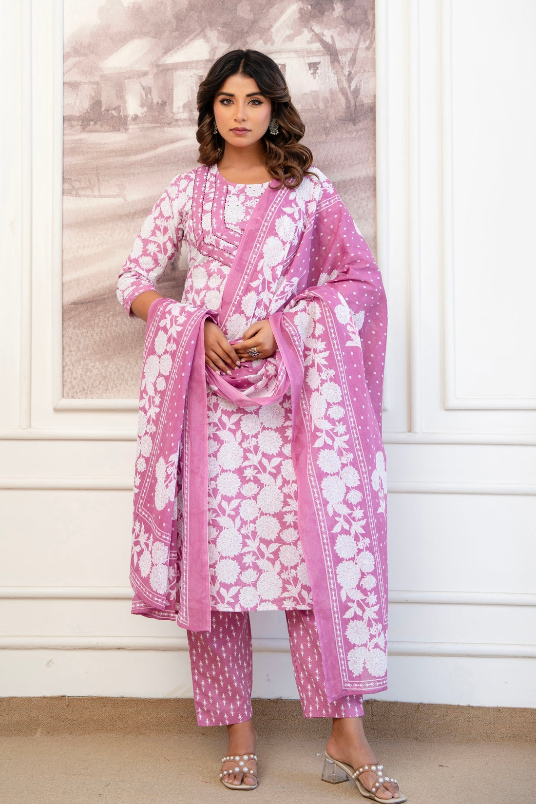 Pink Floral Print Cotton Kurta Set with Trousers and Dupatta