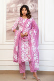 Pink Floral Print Cotton Kurta Set with Trousers and Dupatta