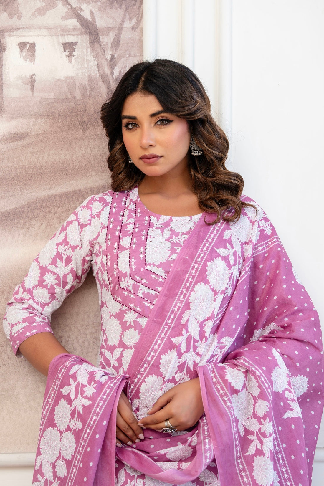 Pink Floral Print Cotton Kurta Set with Trousers and Dupatta