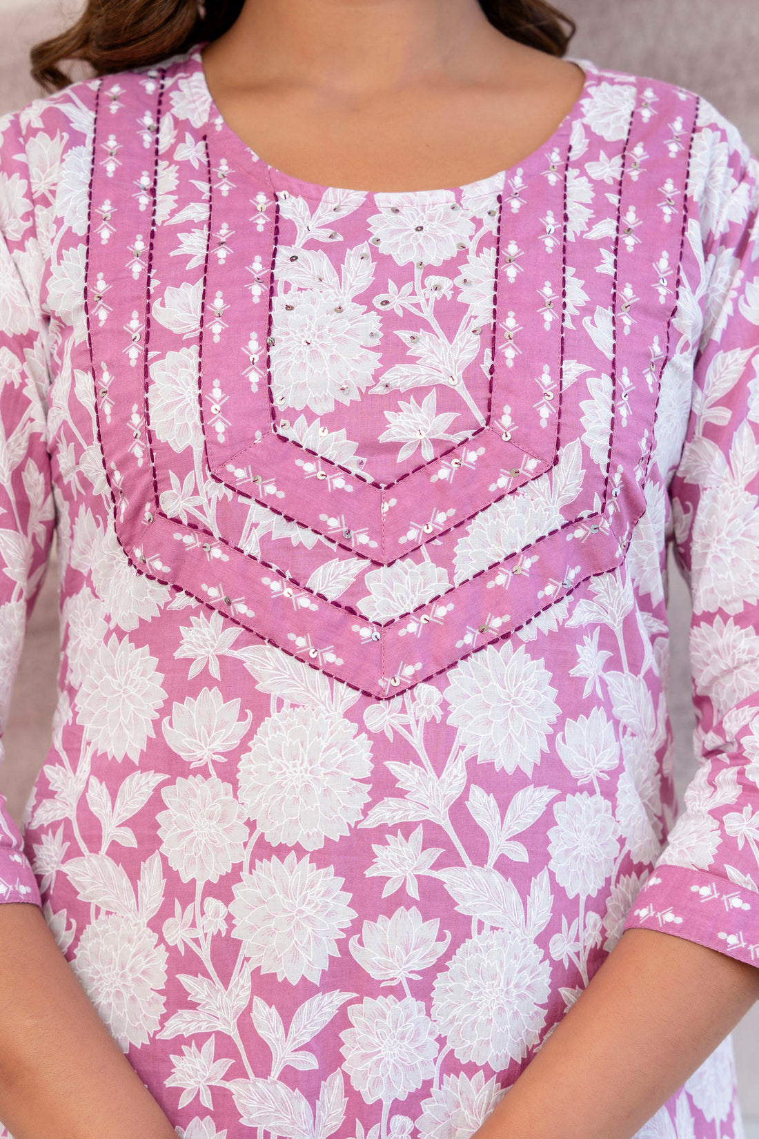 Pink Floral Print Cotton Kurta Set with Trousers and Dupatta
