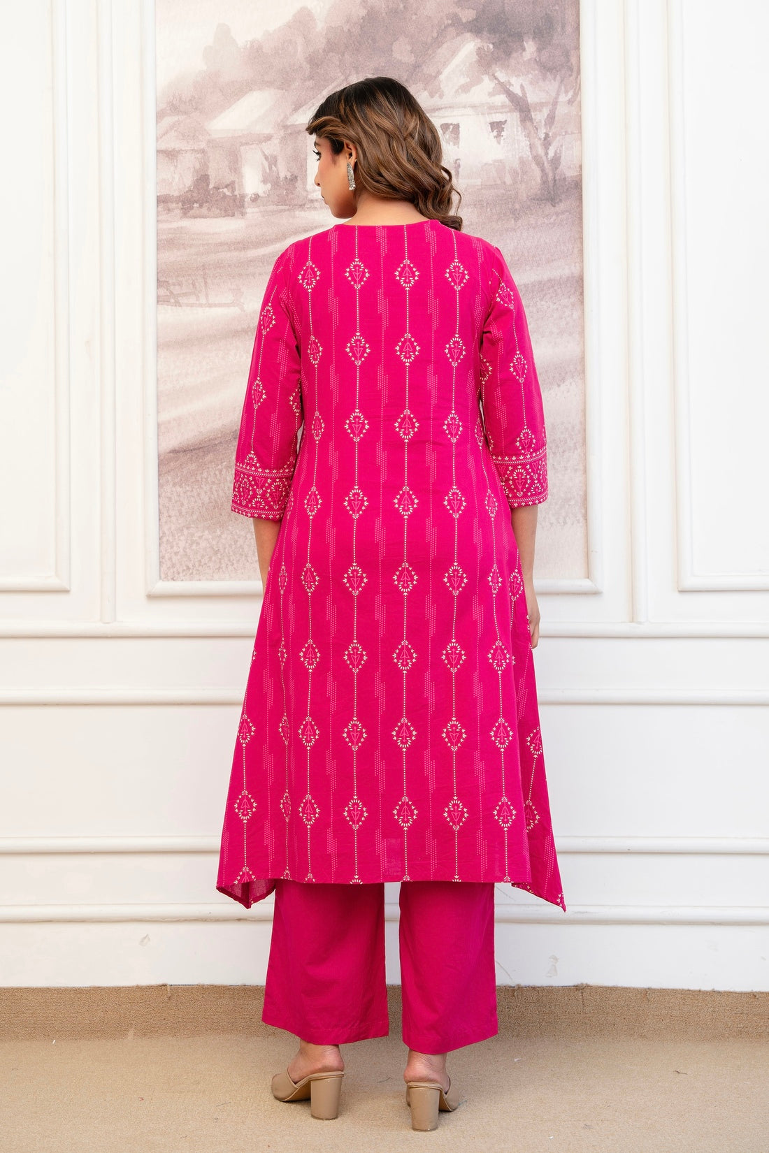 Rani Pink Assymetric Hem A-line Suit Set with Palazzos and Dupatta
