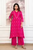 Rani Pink Assymetric Hem A-line Suit Set with Palazzos and Dupatta