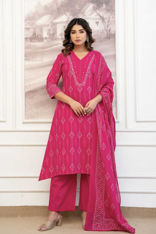Rani Pink Assymetric Hem A-line Suit Set with Palazzos and Dupatta