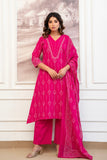 Rani Pink Assymetric Hem A-line Suit Set with Palazzos and Dupatta