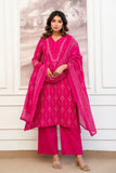 Rani Pink Assymetric Hem A-line Suit Set with Palazzos and Dupatta
