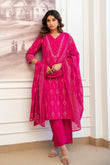 Rani Pink Assymetric Hem A-line Suit Set with Palazzos and Dupatta