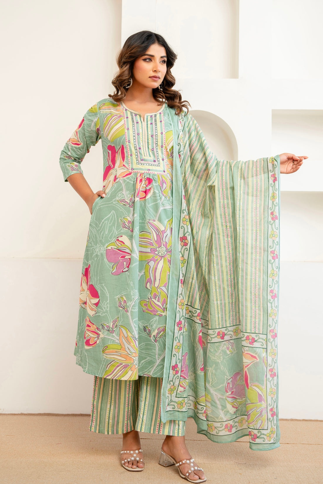Green Floral Print Aline Suit Set with Palazzo and Dupatta