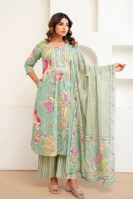 Green Floral Print Aline Suit Set with Palazzo and Dupatta