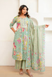 Green Floral Print Aline Suit Set with Palazzo and Dupatta