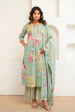Green Floral Print Aline Suit Set with Palazzo and Dupatta