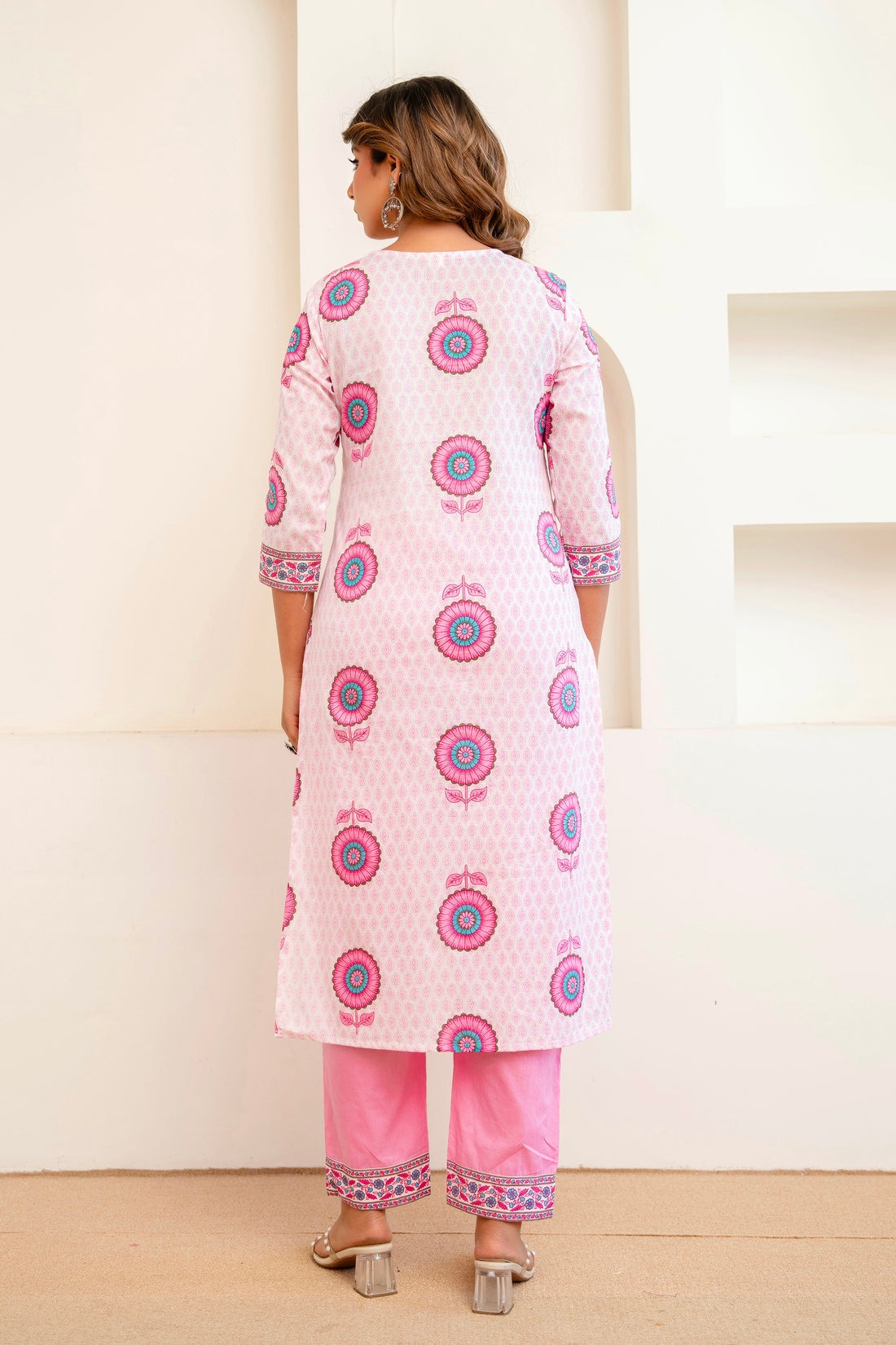 Off White and Pink Motif Print Cotton Kurta Set with Trousers and Dupatta