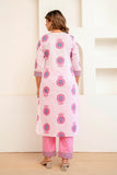 Off White and Pink Motif Print Cotton Kurta Set with Trousers and Dupatta