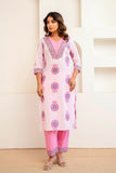 Off White and Pink Motif Print Cotton Kurta Set with Trousers and Dupatta
