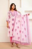 Off White and Pink Motif Print Cotton Kurta Set with Trousers and Dupatta