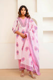 Off White and Pink Motif Print Cotton Kurta Set with Trousers and Dupatta