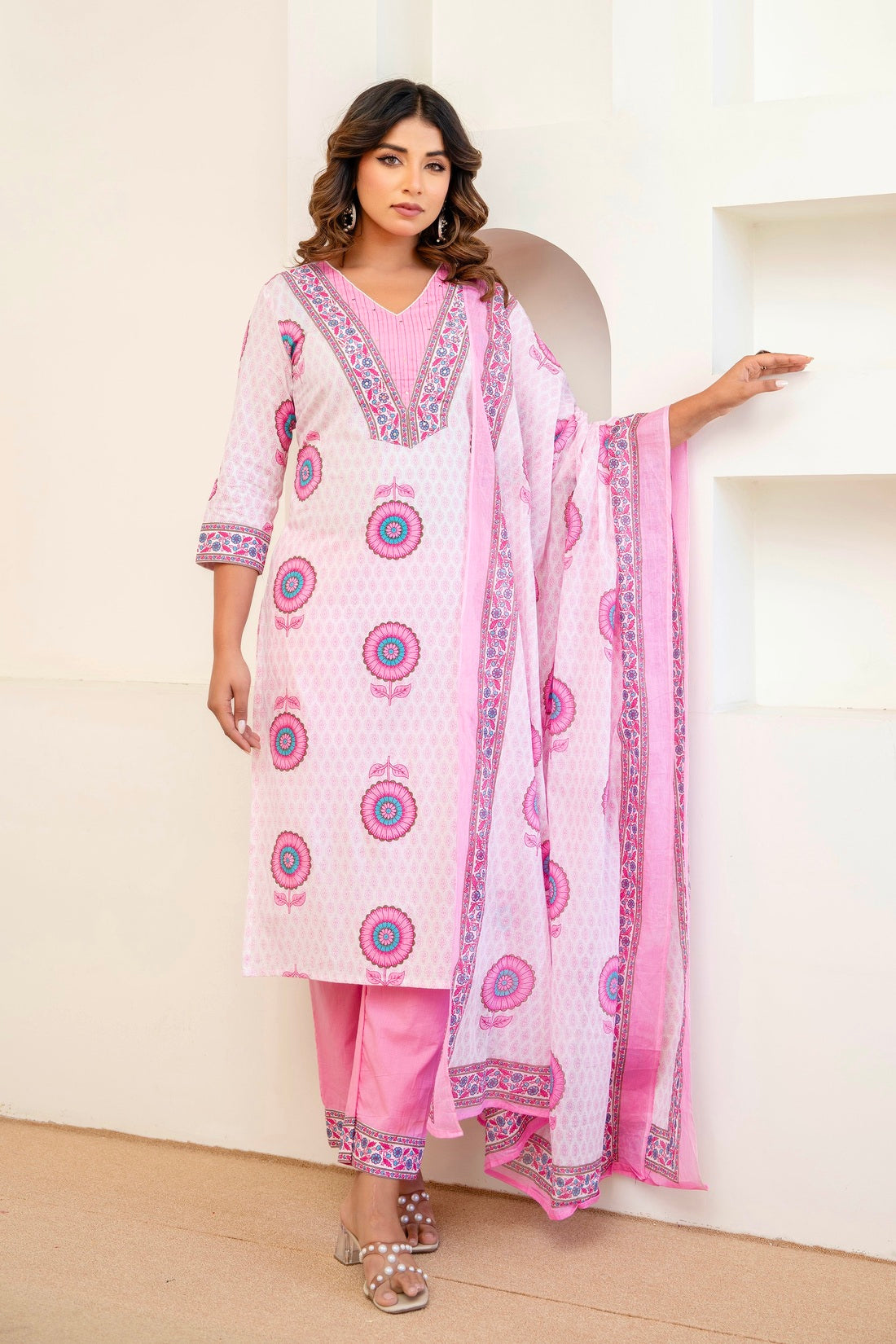 Off White and Pink Motif Print Cotton Kurta Set with Trousers and Dupatta