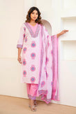 Off White and Pink Motif Print Cotton Kurta Set with Trousers and Dupatta