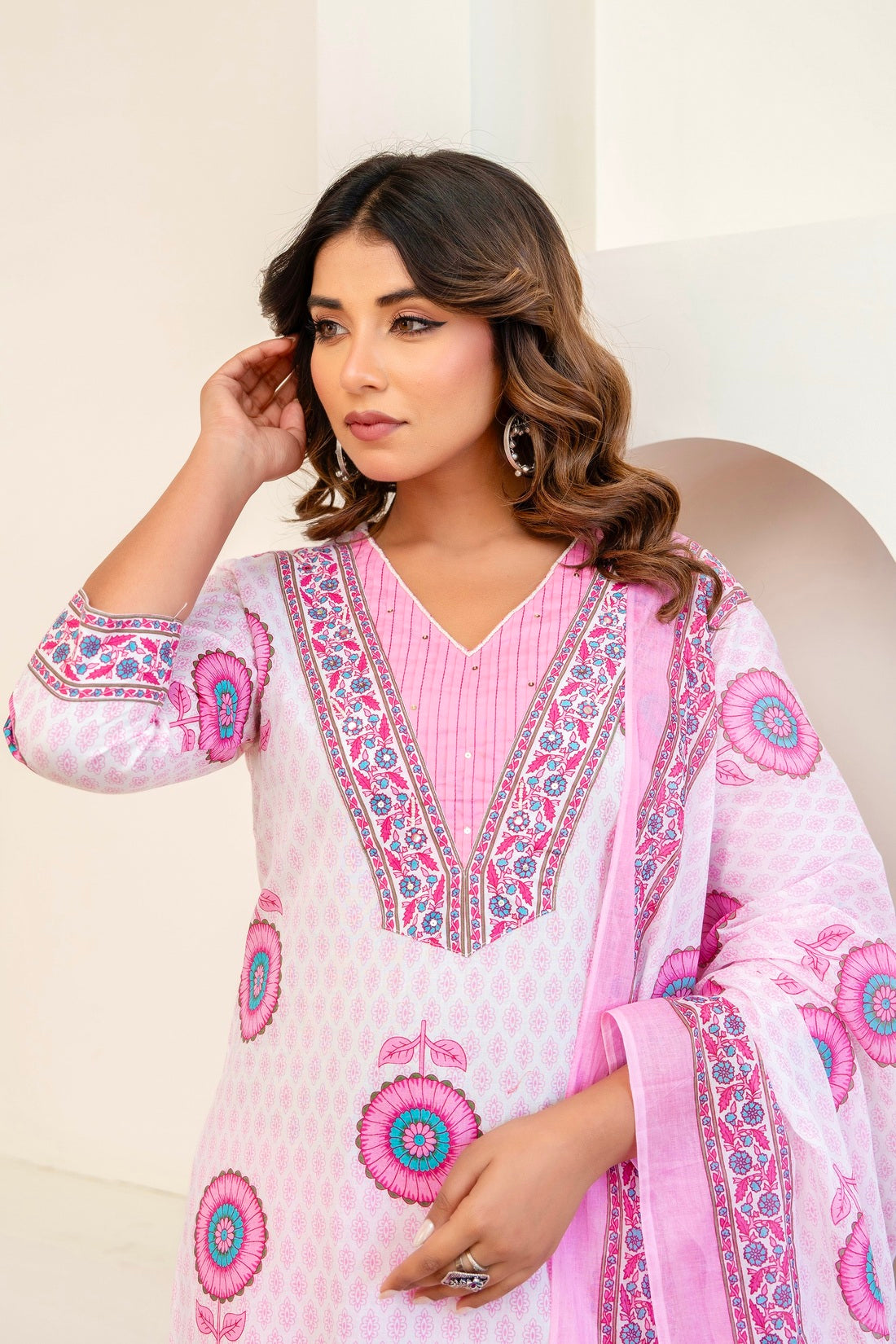 Off White and Pink Motif Print Cotton Kurta Set with Trousers and Dupatta