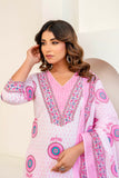 Off White and Pink Motif Print Cotton Kurta Set with Trousers and Dupatta