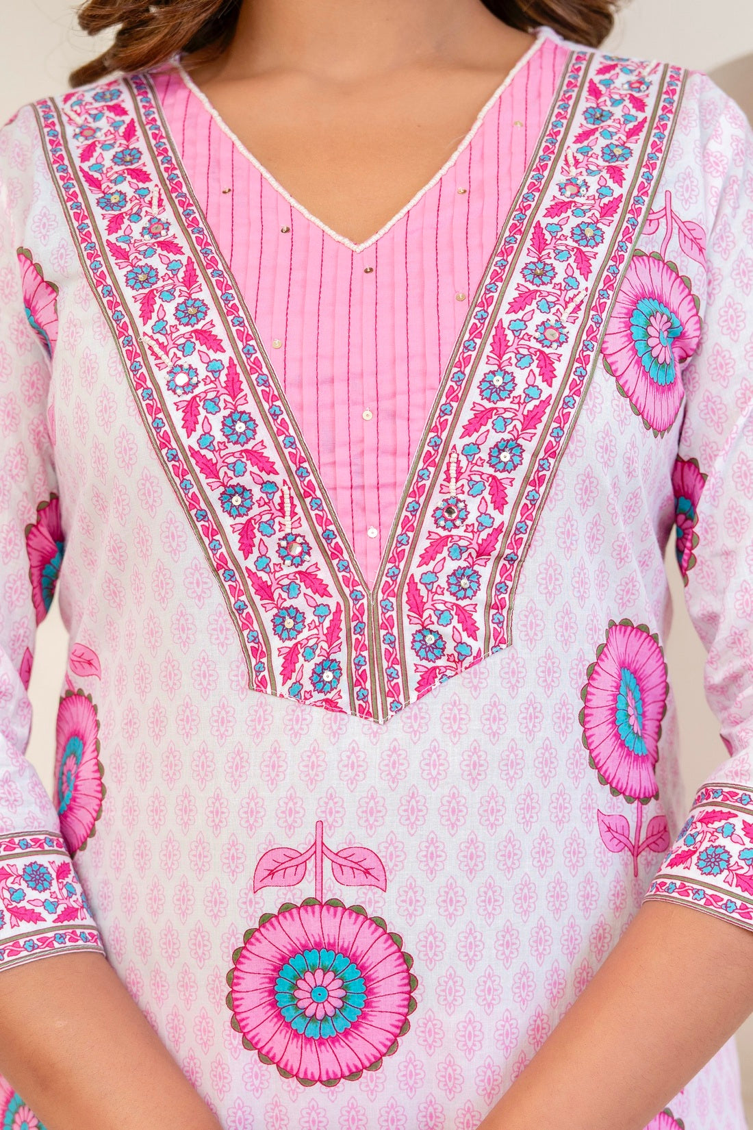 Off White and Pink Motif Print Cotton Kurta Set with Trousers and Dupatta
