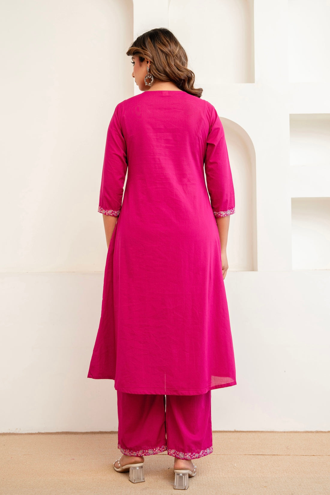 Rani Pink Embroidery Yoke Cotton Kurta Set with Palazzos and Dupatta