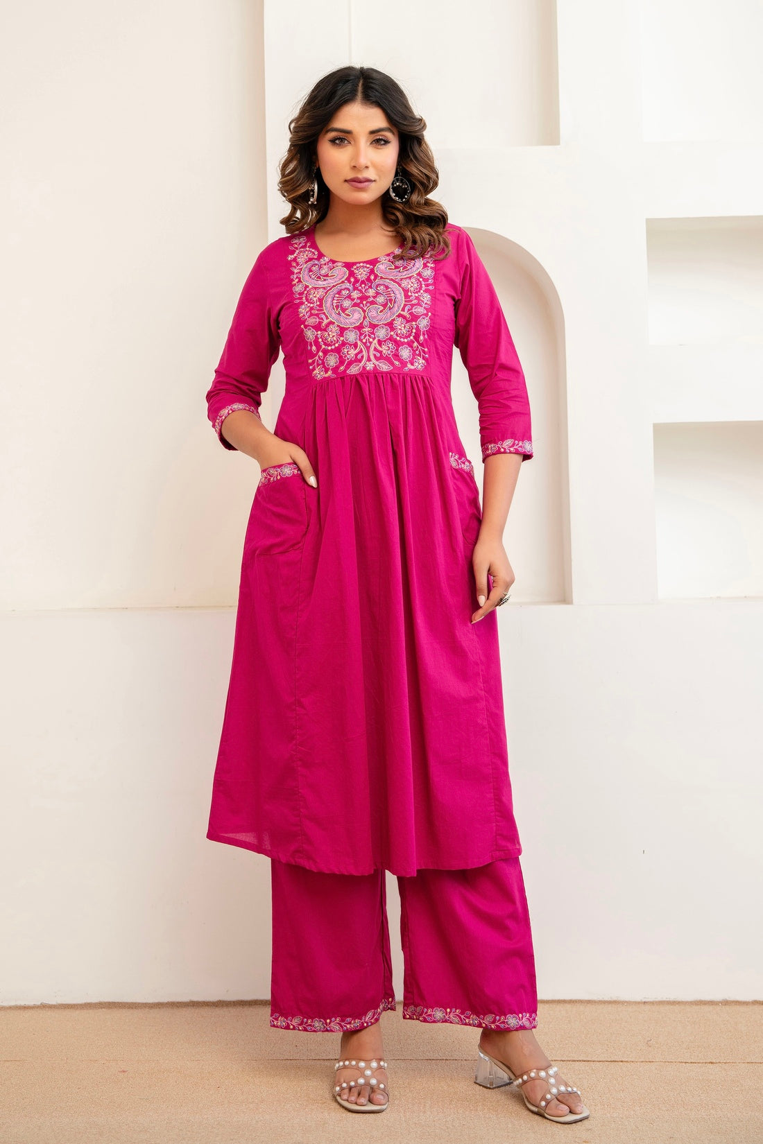 Rani Pink Embroidery Yoke Cotton Kurta Set with Palazzos and Dupatta
