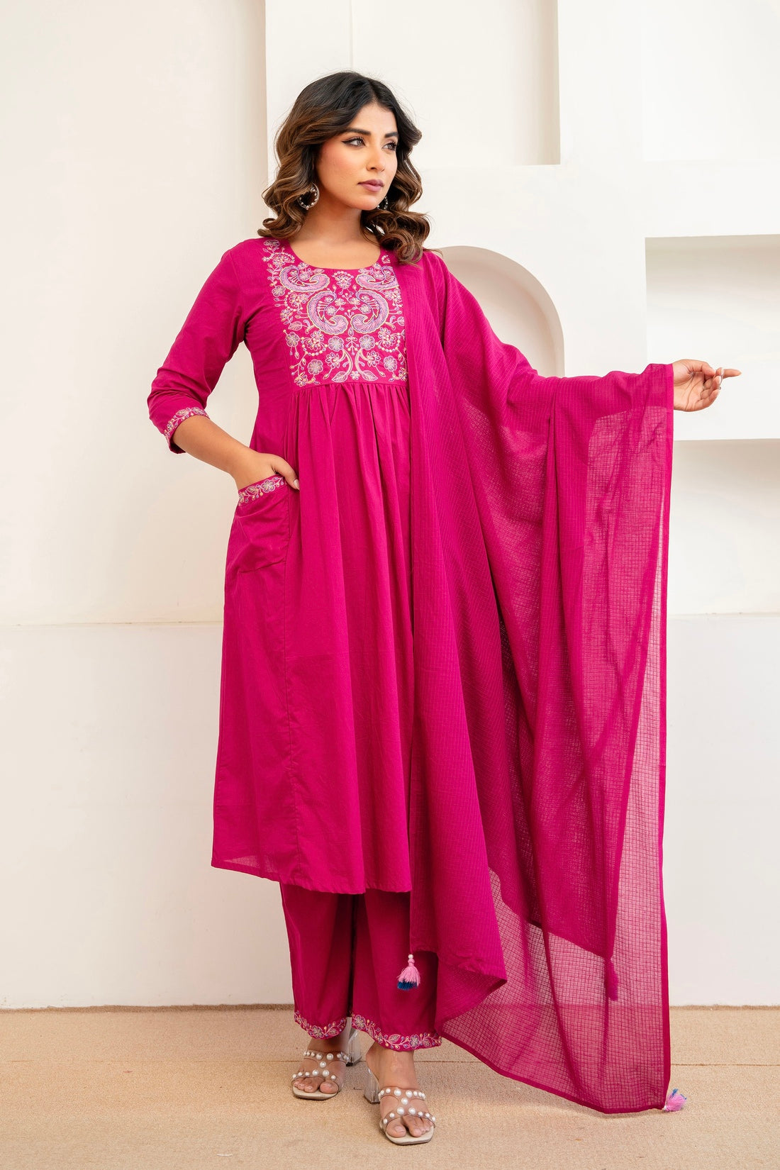 Rani Pink Embroidery Yoke Cotton Kurta Set with Palazzos and Dupatta