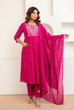 Rani Pink Embroidery Yoke Cotton Kurta Set with Palazzos and Dupatta