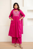 Rani Pink Embroidery Yoke Cotton Kurta Set with Palazzos and Dupatta