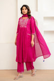 Rani Pink Embroidery Yoke Cotton Kurta Set with Palazzos and Dupatta