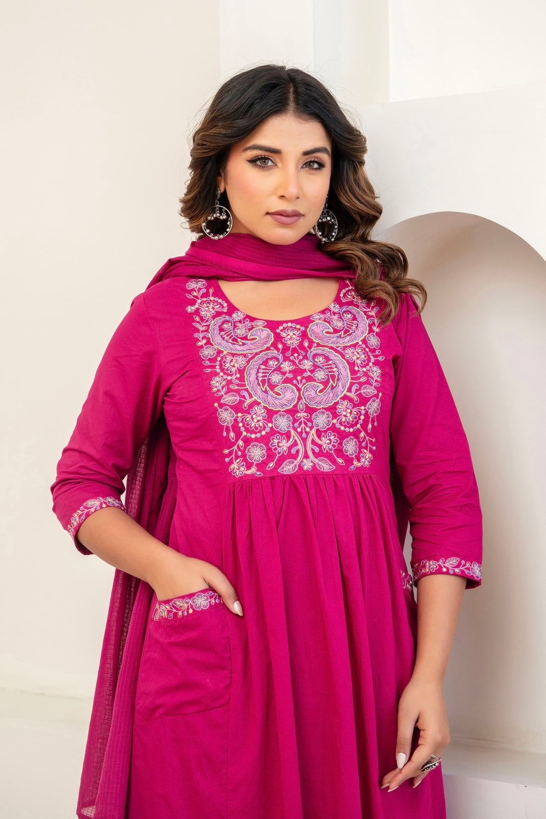Rani Pink Embroidery Yoke Cotton Kurta Set with Palazzos and Dupatta