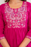 Rani Pink Embroidery Yoke Cotton Kurta Set with Palazzos and Dupatta