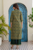 Bottle Green Ajrakh Print Kurta Set with Palazzos and Dupatta