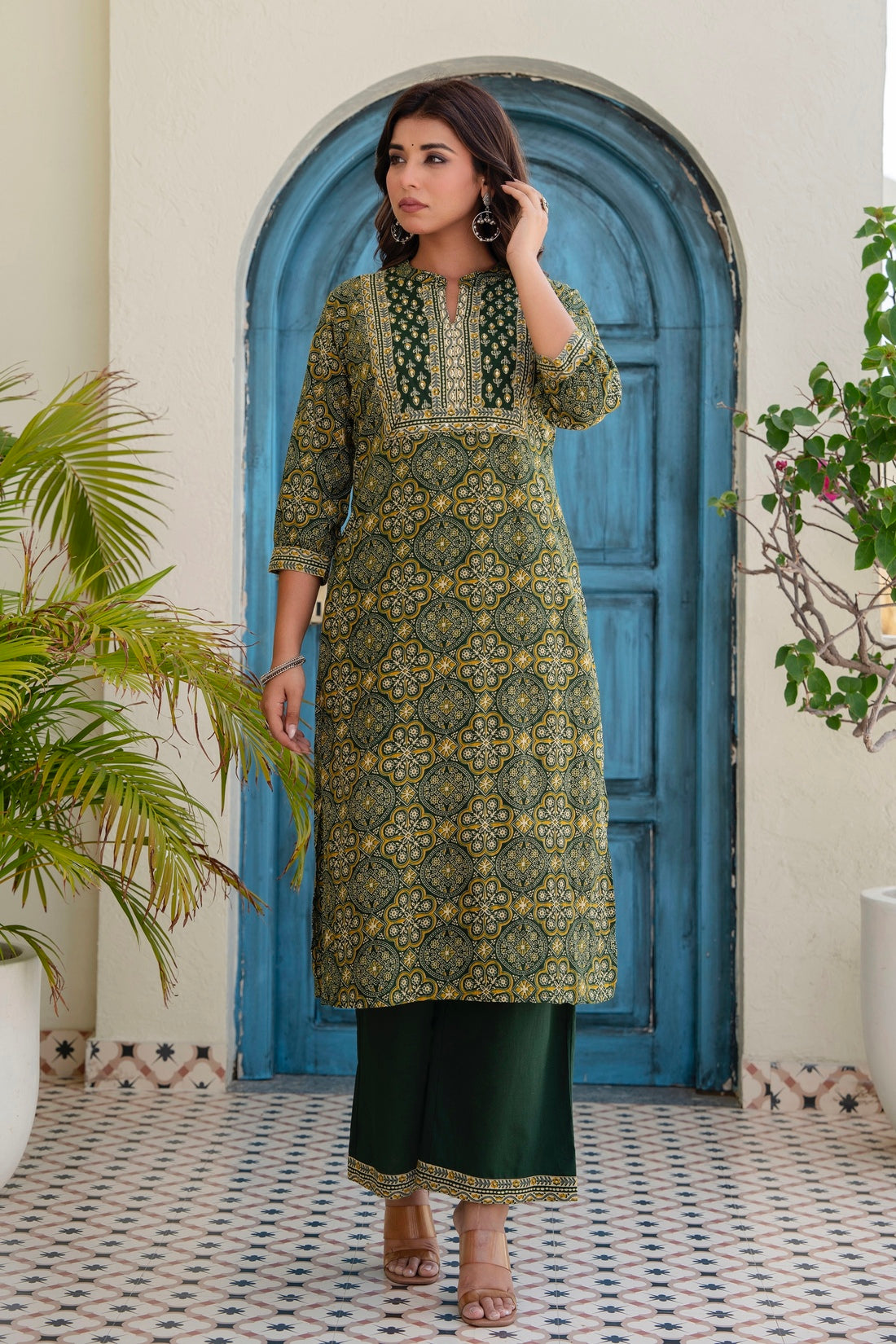 Bottle Green Ajrakh Print Kurta Set with Palazzos and Dupatta
