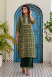 Bottle Green Ajrakh Print Kurta Set with Palazzos and Dupatta