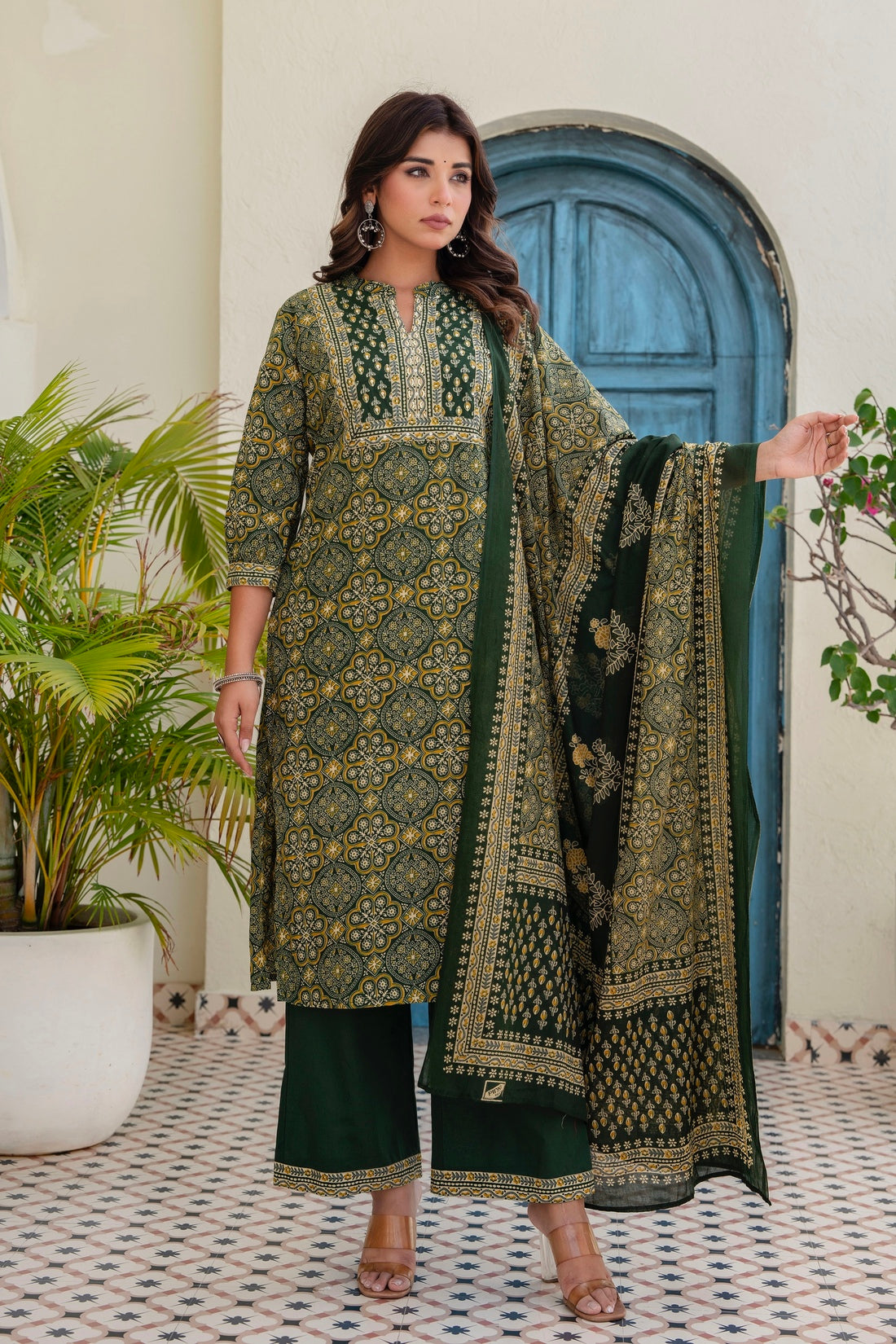 Bottle Green Ajrakh Print Kurta Set with Palazzos and Dupatta