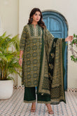 Bottle Green Ajrakh Print Kurta Set with Palazzos and Dupatta