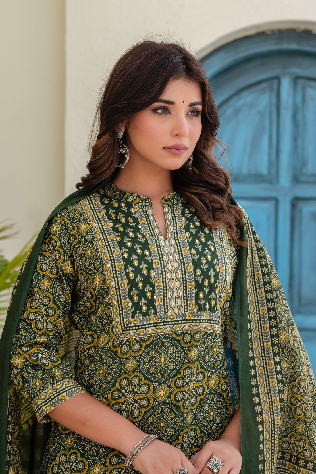 Bottle Green Ajrakh Print Kurta Set with Palazzos and Dupatta