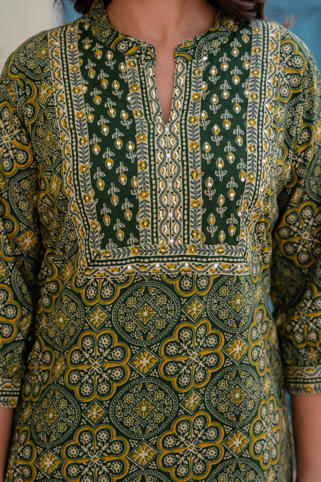 Bottle Green Ajrakh Print Kurta Set with Palazzos and Dupatta