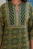 Bottle Green Ajrakh Print Kurta Set with Palazzos and Dupatta