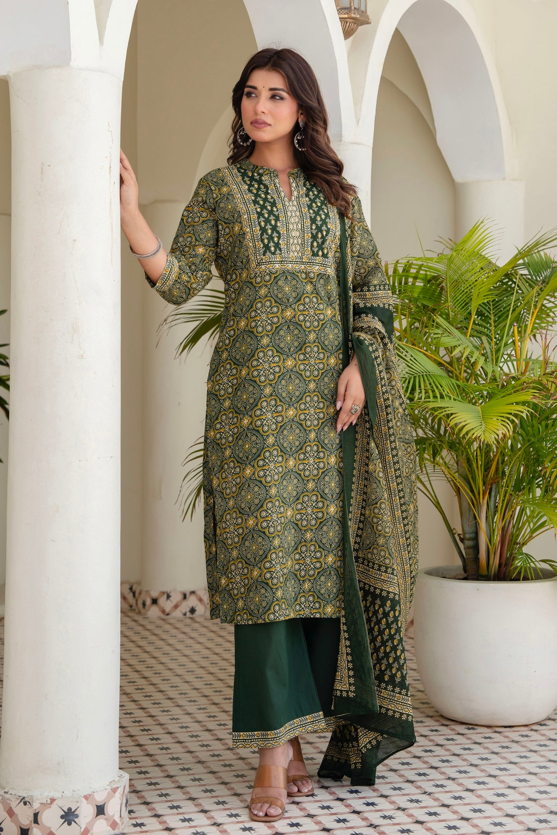 Bottle Green Ajrakh Print Kurta Set with Palazzos and Dupatta