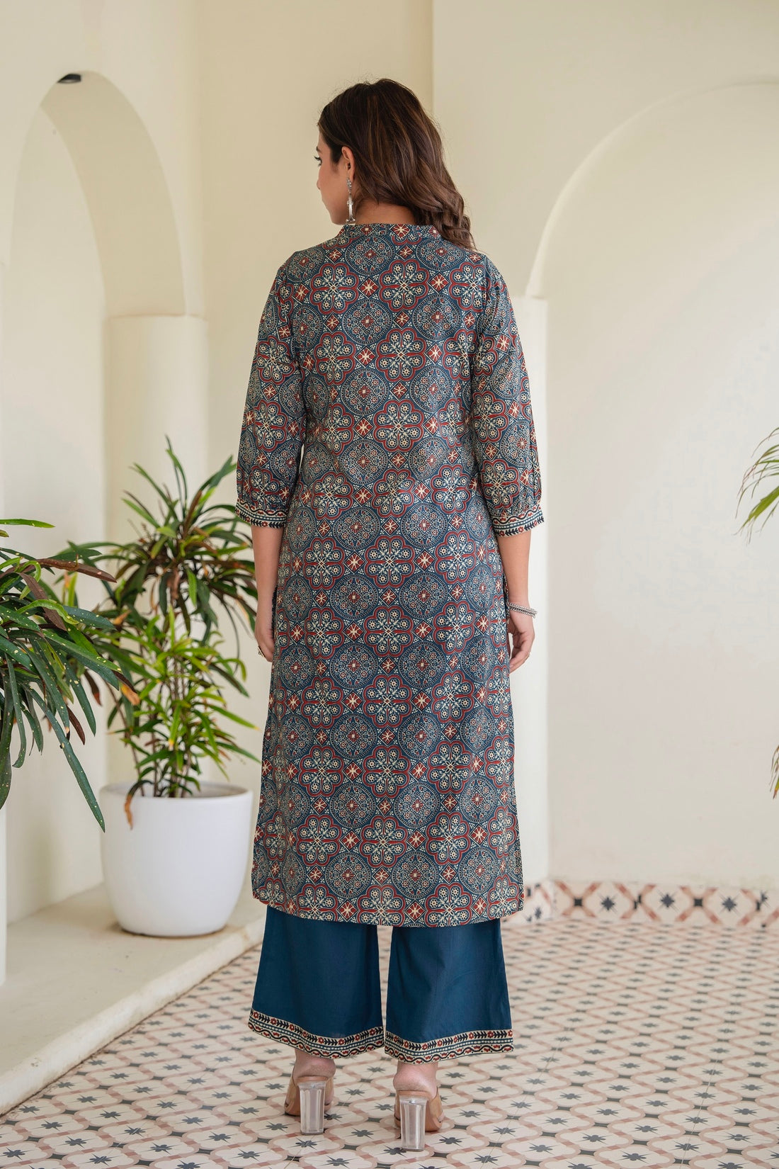 Navy Blue Ajrakh Print Kurta Set with Palazzos and Dupatta