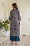 Navy Blue Ajrakh Print Kurta Set with Palazzos and Dupatta