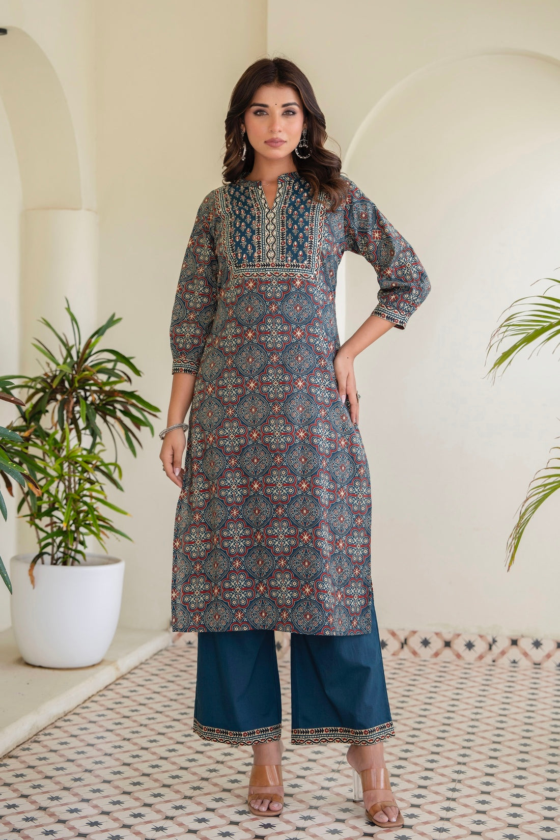 Navy Blue Ajrakh Print Kurta Set with Palazzos and Dupatta
