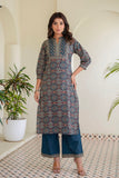Navy Blue Ajrakh Print Kurta Set with Palazzos and Dupatta