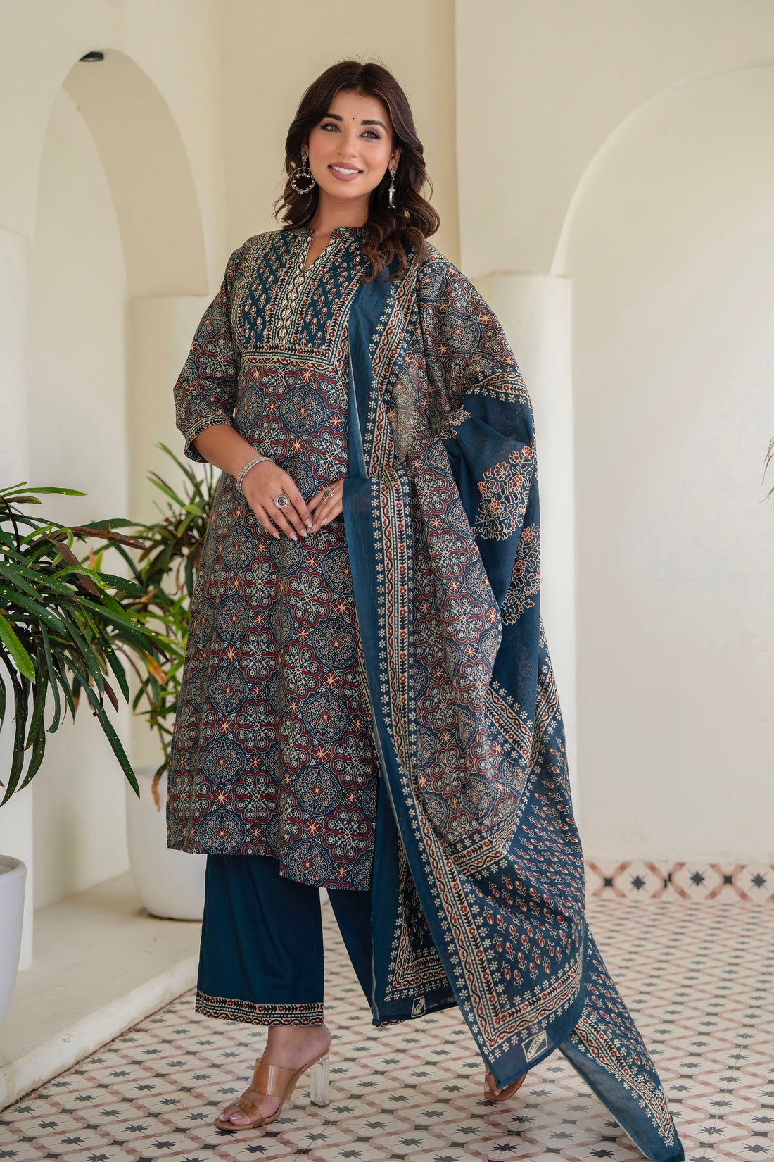 Navy Blue Ajrakh Print Kurta Set with Palazzos and Dupatta