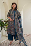 Navy Blue Ajrakh Print Kurta Set with Palazzos and Dupatta