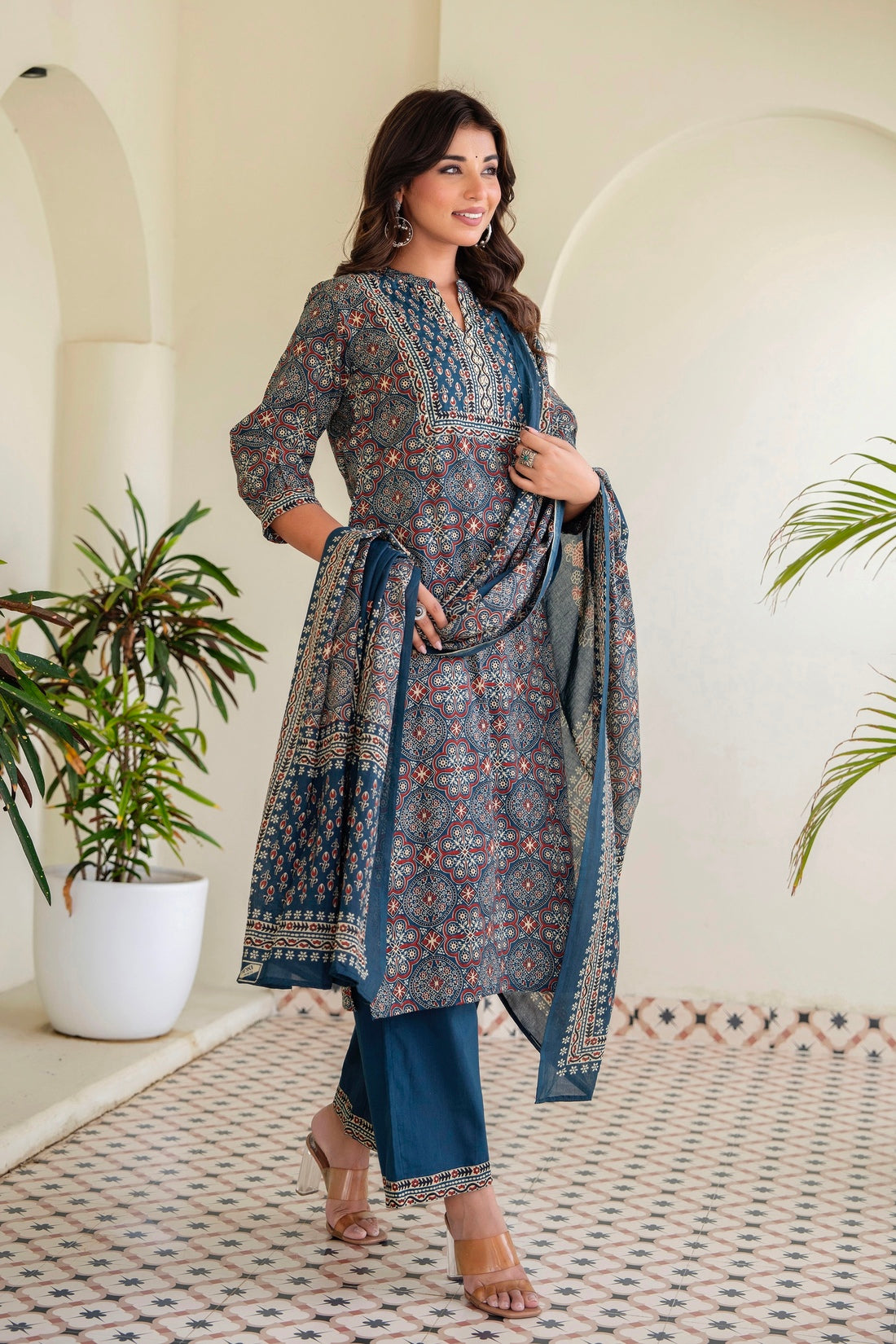 Navy Blue Ajrakh Print Kurta Set with Palazzos and Dupatta